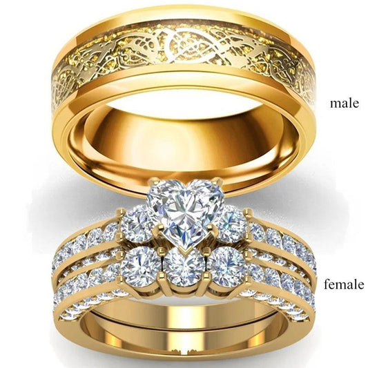 Fashion Jewelry Lover's Ring Wedding Gold-Color Women Heart Zircon Rings Set Vintage Dragon Stainless Steel Men Ring.