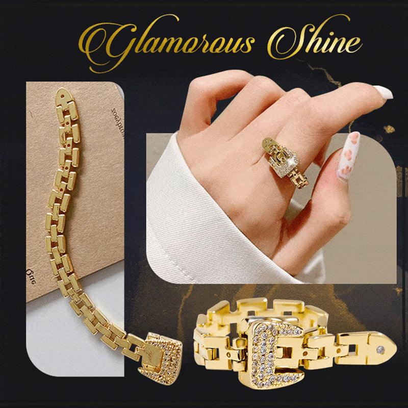 Fashionable Adjustable Buckle Rings Belt Zircon Detachable Metal Soft Chain Ring Luxury Finger Rings For Women.