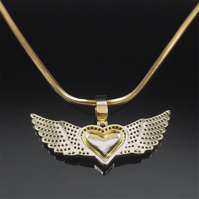 Love Heart Angle Wing Zircon Necklace for Women Men Stainless Steel Snake Chain Copper Necklaces Jewelry.