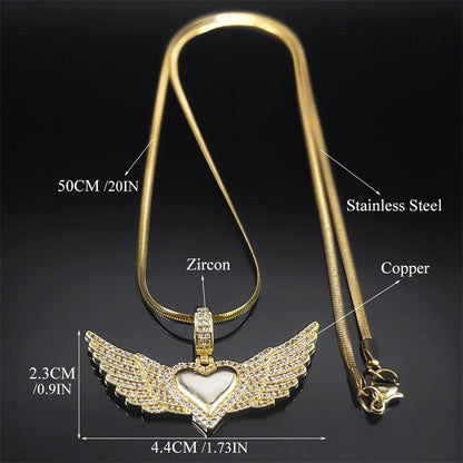 Love Heart Angle Wing Zircon Necklace for Women Men Stainless Steel Snake Chain Copper Necklaces Jewelry.