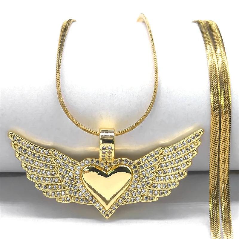 Love Heart Angle Wing Zircon Necklace for Women Men Stainless Steel Snake Chain Copper Necklaces Jewelry.