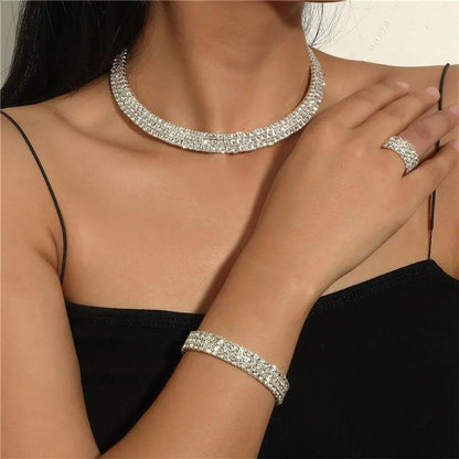 Bridal Jewelry Set For Women Wedding 1-5 Row Rhinestone Choker Necklace Crystal Bracelet Ring Square Stud Earrigns Silver Color.