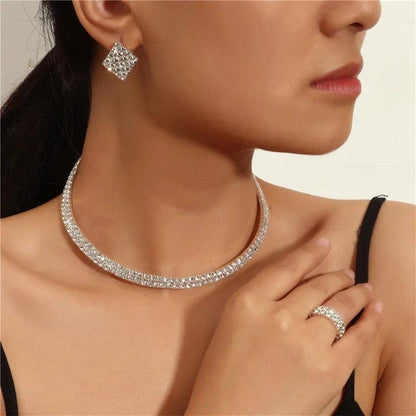 Bridal Jewelry Set For Women Wedding 1-5 Row Rhinestone Choker Necklace Crystal Bracelet Ring Square Stud Earrigns Silver Color.