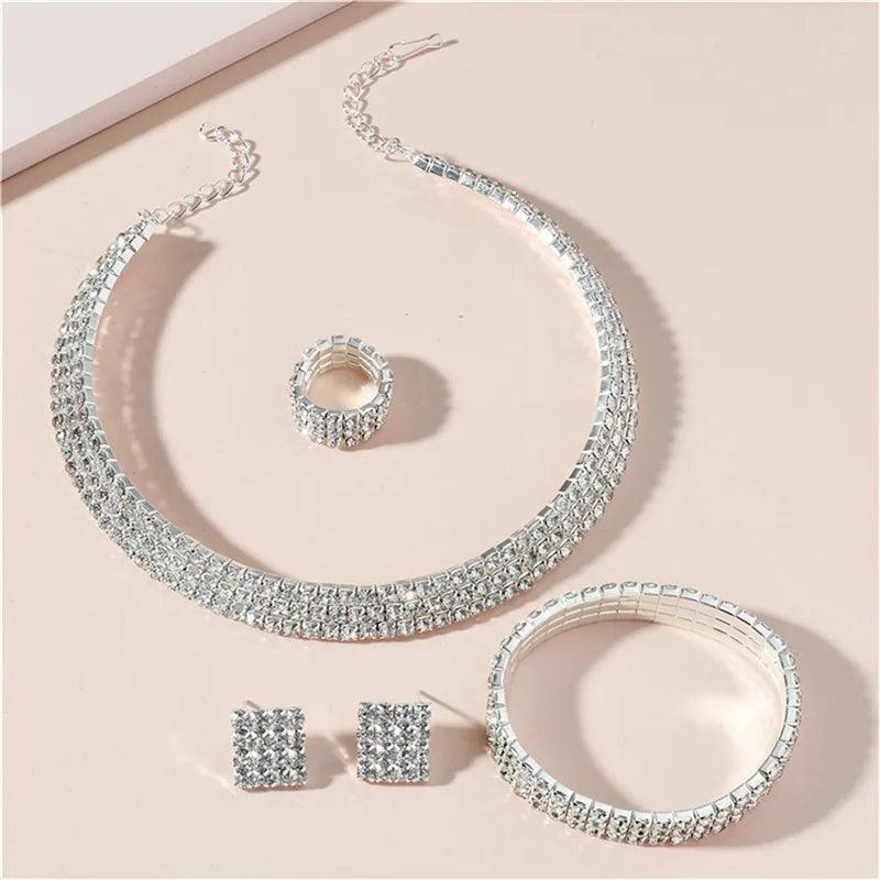 Bridal Jewelry Set For Women Wedding 1-5 Row Rhinestone Choker Necklace Crystal Bracelet Ring Square Stud Earrigns Silver Color.