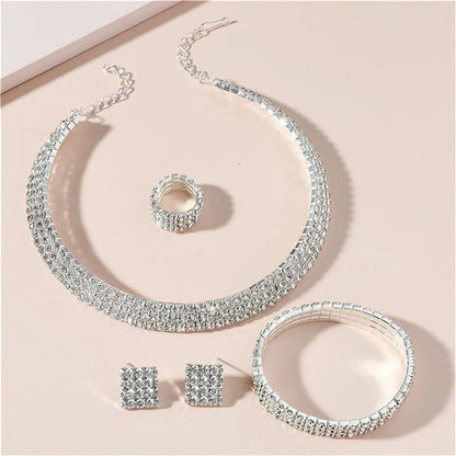 Bridal Jewelry Set For Women Wedding 1-5 Row Rhinestone Choker Necklace Crystal Bracelet Ring Square Stud Earrigns Silver Color.