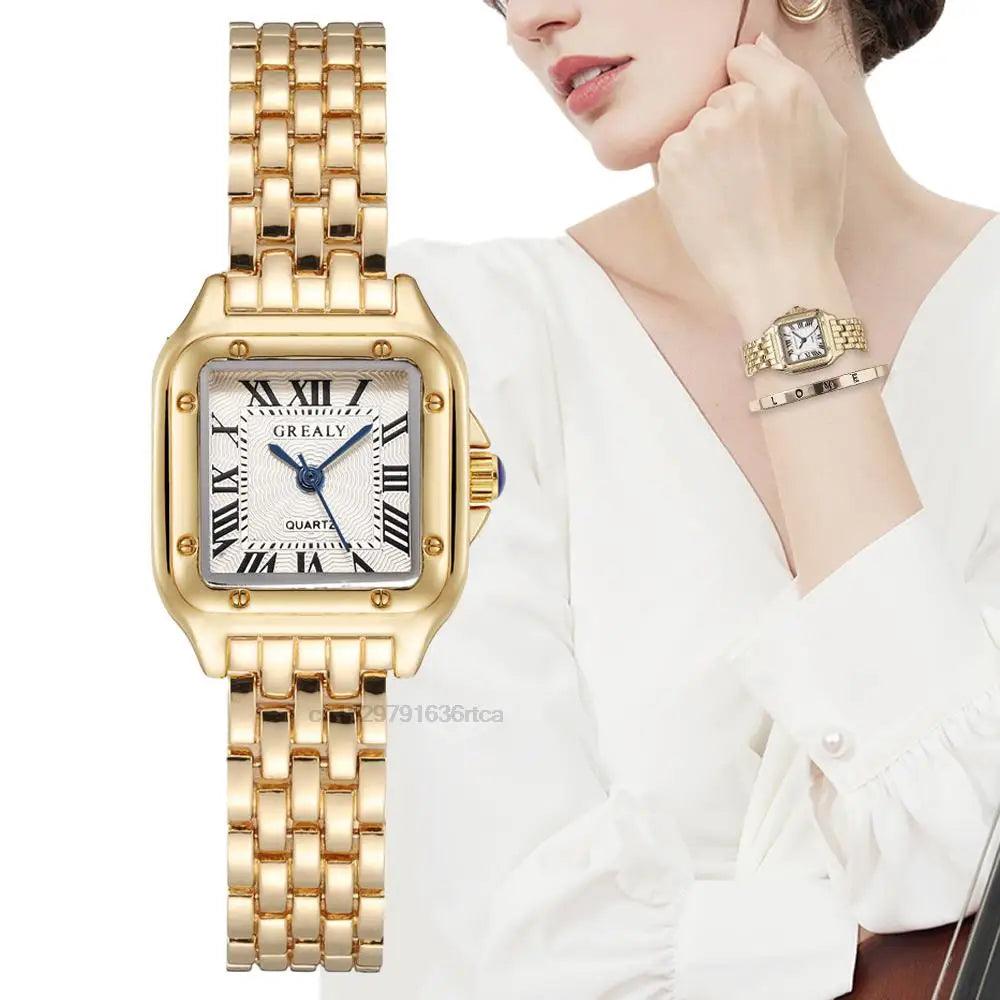 Women's Fashion Square Watches Gold Alloy Strap 2024 Luxury Ladies Quartz Wristwatches Qualities Female Roman Scale Clock.