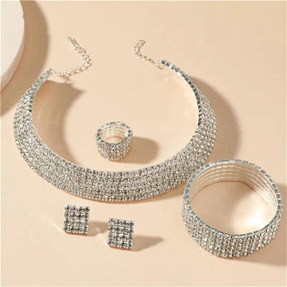 Bridal Jewelry Set For Women Wedding 1-5 Row Rhinestone Choker Necklace Crystal Bracelet Ring Square Stud Earrigns Silver Color.