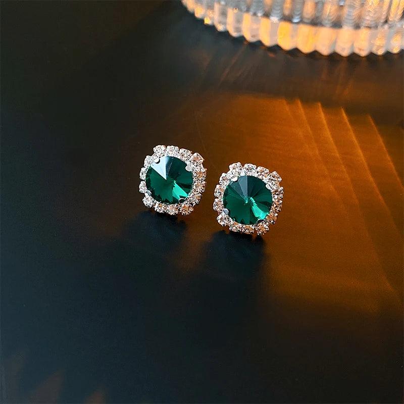 Luxury Green Rhinestone Necklace Stud Earrings For Women Crystal Choker Necklaces Ladies Fashion Weddings Banquet Jewelry Set.