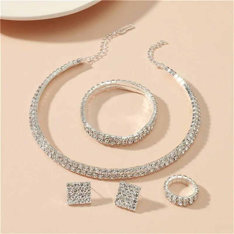 Bridal Jewelry Set For Women Wedding 1-5 Row Rhinestone Choker Necklace Crystal Bracelet Ring Square Stud Earrigns Silver Color.