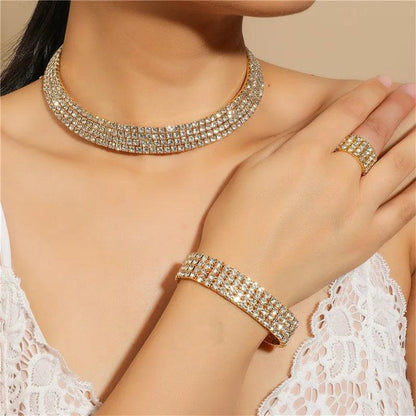 Bridal Jewelry Set For Women Wedding 1-5 Row Rhinestone Choker Necklace Crystal Bracelet Ring Square Stud Earrigns Silver Color.