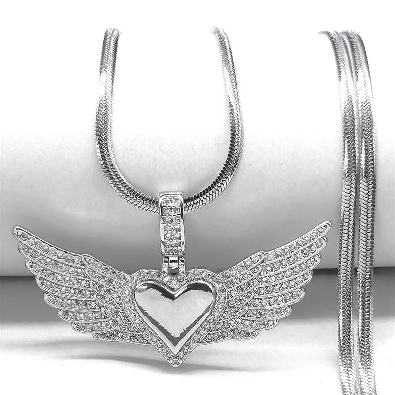 Love Heart Angle Wing Zircon Necklace for Women Men Stainless Steel Snake Chain Copper Necklaces Jewelry.