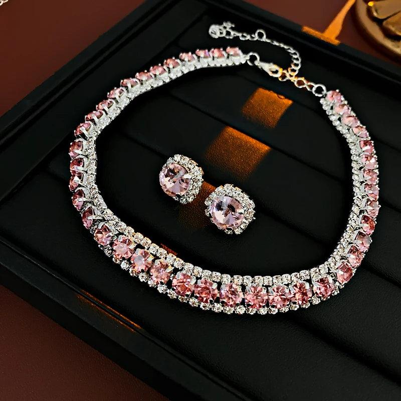 Luxury Green Rhinestone Necklace Stud Earrings For Women Crystal Choker Necklaces Ladies Fashion Weddings Banquet Jewelry Set.