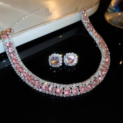 Luxury Green Rhinestone Necklace Stud Earrings For Women Crystal Choker Necklaces Ladies Fashion Weddings Banquet Jewelry Set.