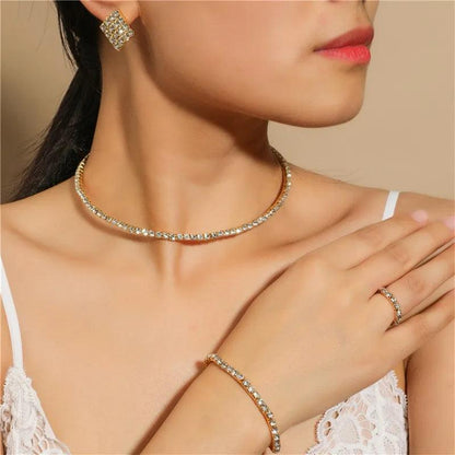 Bridal Jewelry Set For Women Wedding 1-5 Row Rhinestone Choker Necklace Crystal Bracelet Ring Square Stud Earrigns Silver Color.