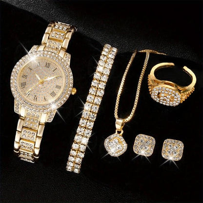 6PCS Women Watch Luxury Elegant Alloy Watch Crystal Wristwatch For Ladies Gift Quartz Watch Alloy Rhinestone Bracelet Montre.