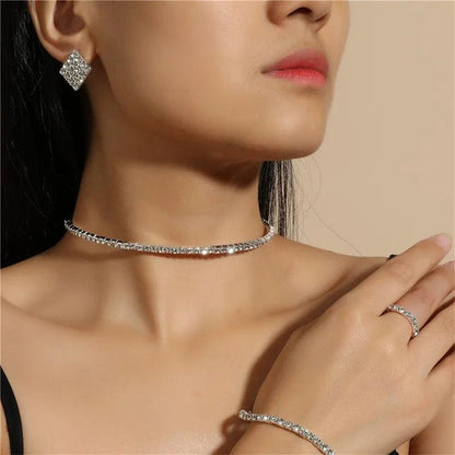 Bridal Jewelry Set For Women Wedding 1-5 Row Rhinestone Choker Necklace Crystal Bracelet Ring Square Stud Earrigns Silver Color.