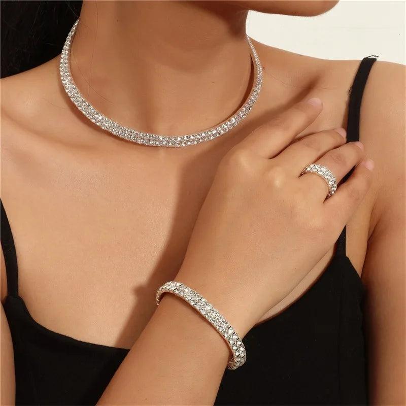 Bridal Jewelry Set For Women Wedding 1-5 Row Rhinestone Choker Necklace Crystal Bracelet Ring Square Stud Earrigns Silver Color.