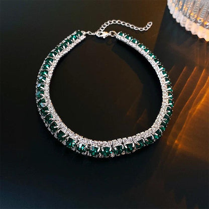 Luxury Green Rhinestone Necklace Stud Earrings For Women Crystal Choker Necklaces Ladies Fashion Weddings Banquet Jewelry Set.