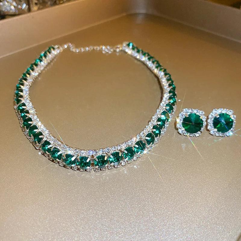 Luxury Green Rhinestone Necklace Stud Earrings For Women Crystal Choker Necklaces Ladies Fashion Weddings Banquet Jewelry Set.