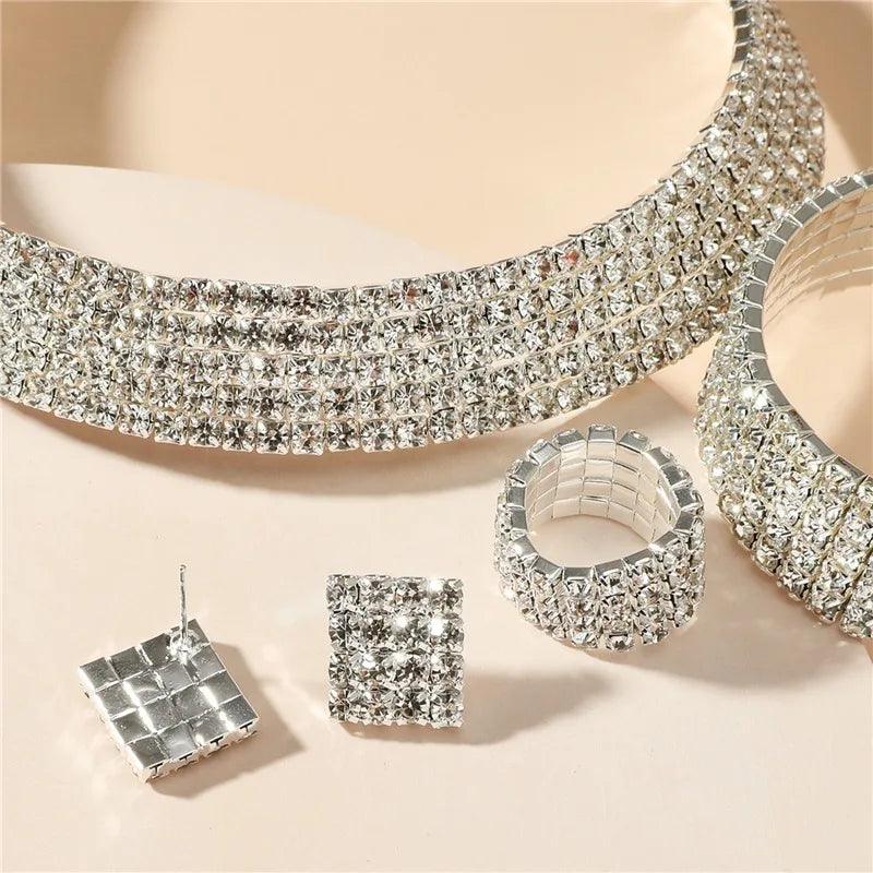 Bridal Jewelry Set For Women Wedding 1-5 Row Rhinestone Choker Necklace Crystal Bracelet Ring Square Stud Earrigns Silver Color.