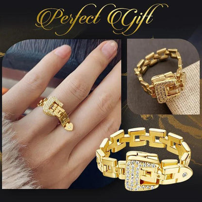 Fashionable Adjustable Buckle Rings Belt Zircon Detachable Metal Soft Chain Ring Luxury Finger Rings For Women.