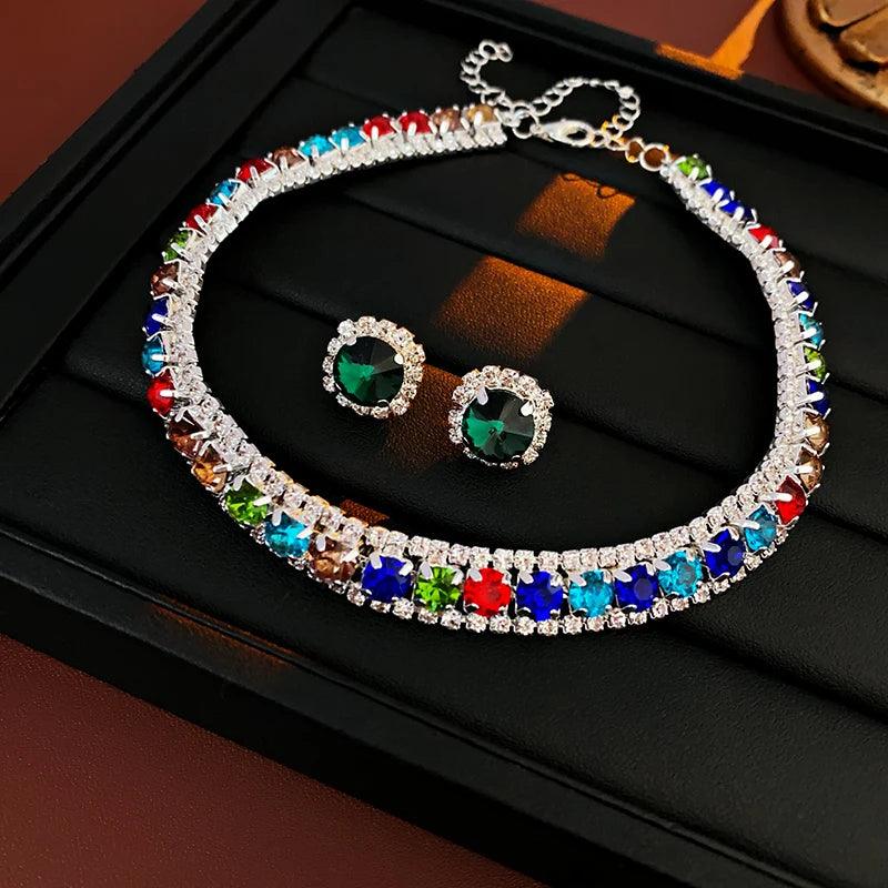 Luxury Green Rhinestone Necklace Stud Earrings For Women Crystal Choker Necklaces Ladies Fashion Weddings Banquet Jewelry Set.