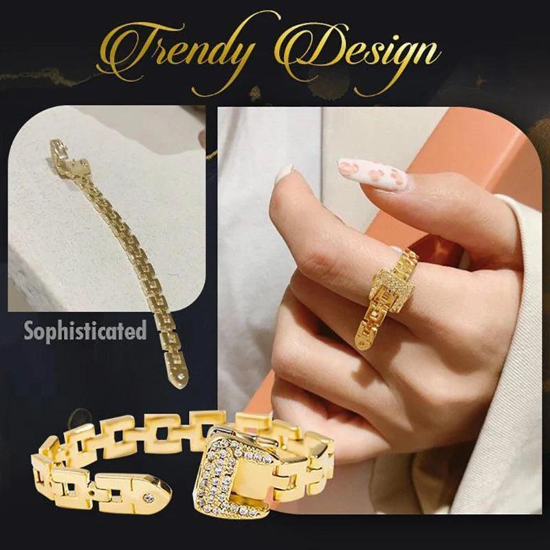 Fashionable Adjustable Buckle Rings Belt Zircon Detachable Metal Soft Chain Ring Luxury Finger Rings For Women.