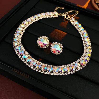 Luxury Green Rhinestone Necklace Stud Earrings For Women Crystal Choker Necklaces Ladies Fashion Weddings Banquet Jewelry Set.