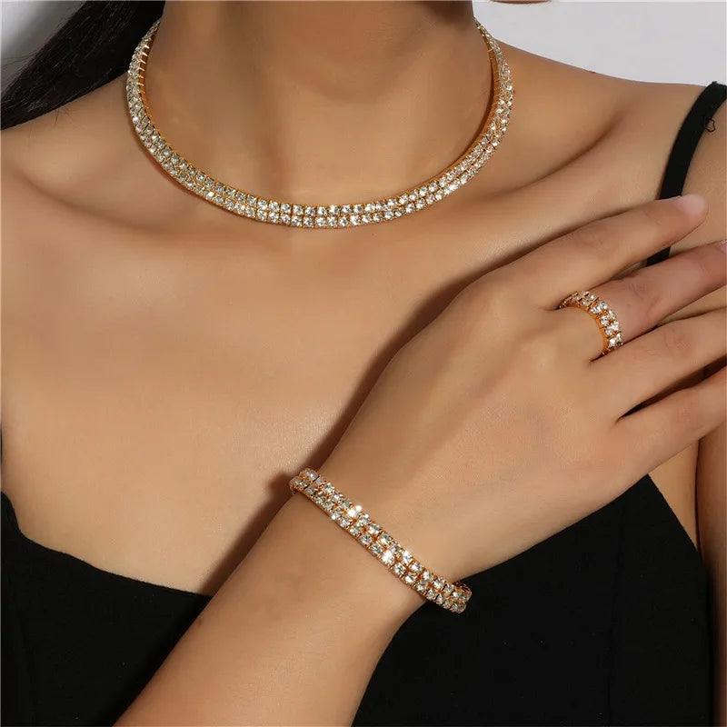 Bridal Jewelry Set For Women Wedding 1-5 Row Rhinestone Choker Necklace Crystal Bracelet Ring Square Stud Earrigns Silver Color.