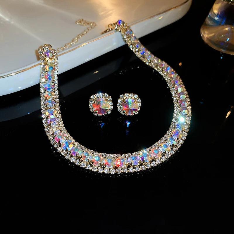 Luxury Green Rhinestone Necklace Stud Earrings For Women Crystal Choker Necklaces Ladies Fashion Weddings Banquet Jewelry Set.