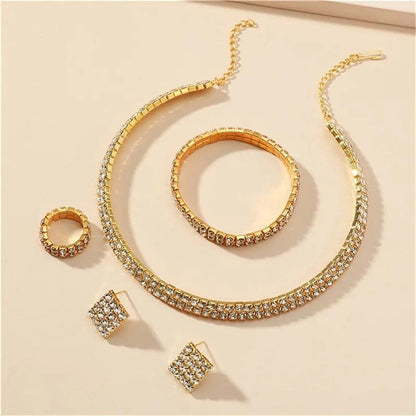 Bridal Jewelry Set For Women Wedding 1-5 Row Rhinestone Choker Necklace Crystal Bracelet Ring Square Stud Earrigns Silver Color.