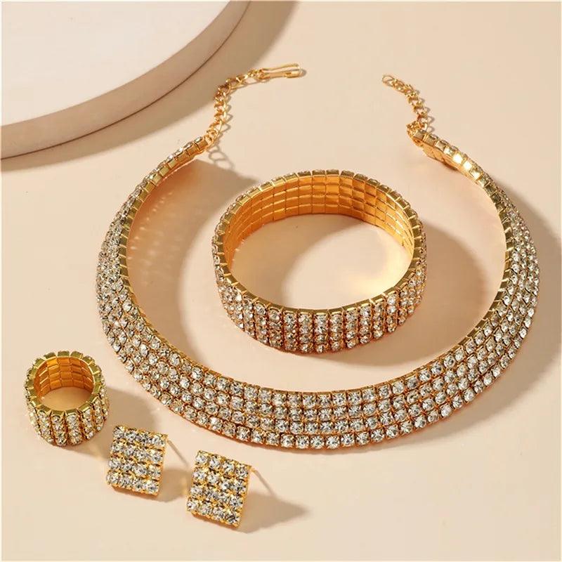 Bridal Jewelry Set For Women Wedding 1-5 Row Rhinestone Choker Necklace Crystal Bracelet Ring Square Stud Earrigns Silver Color.