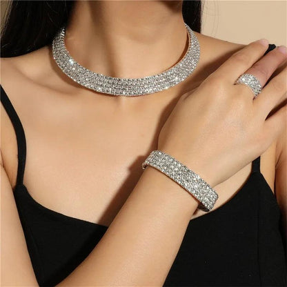 Bridal Jewelry Set For Women Wedding 1-5 Row Rhinestone Choker Necklace Crystal Bracelet Ring Square Stud Earrigns Silver Color.