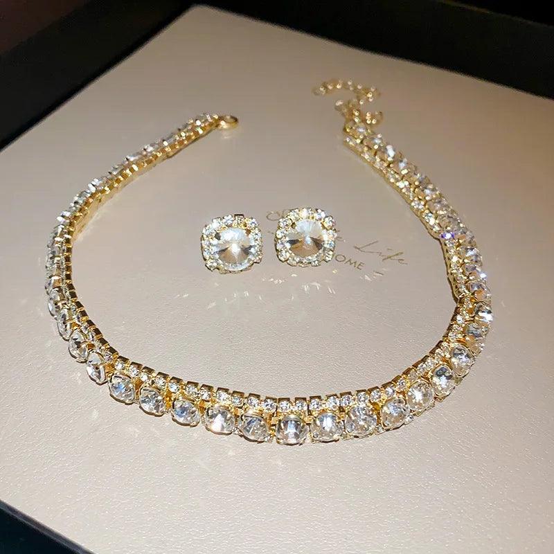 Luxury Green Rhinestone Necklace Stud Earrings For Women Crystal Choker Necklaces Ladies Fashion Weddings Banquet Jewelry Set.