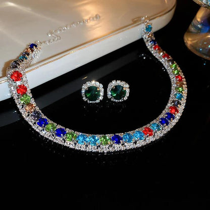 Luxury Green Rhinestone Necklace Stud Earrings For Women Crystal Choker Necklaces Ladies Fashion Weddings Banquet Jewelry Set.