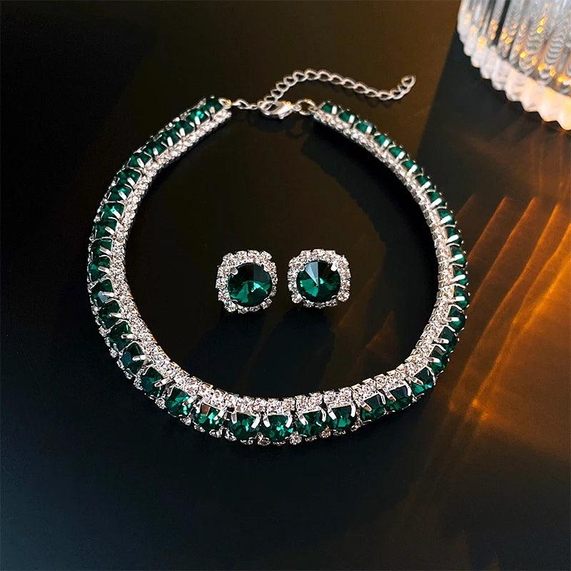 Luxury Green Rhinestone Necklace Stud Earrings For Women Crystal Choker Necklaces Ladies Fashion Weddings Banquet Jewelry Set.