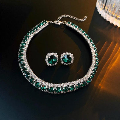 Luxury Green Rhinestone Necklace Stud Earrings For Women Crystal Choker Necklaces Ladies Fashion Weddings Banquet Jewelry Set.