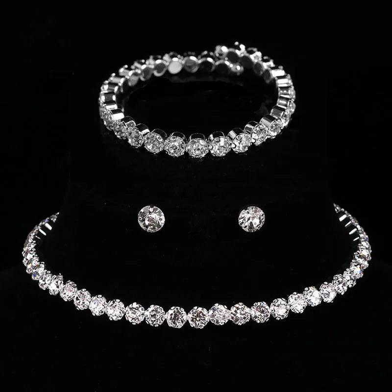 Luxury Round Crystal Jewelry Set for Women Charm Silver Color Bracelet Stud Earring Zircon Chain Necklace Wedding Party Jewelry