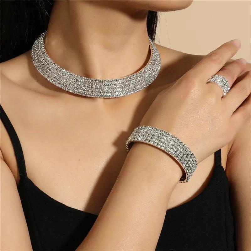 Bridal Jewelry Set For Women Wedding 1-5 Row Rhinestone Choker Necklace Crystal Bracelet Ring Square Stud Earrigns Silver Color.