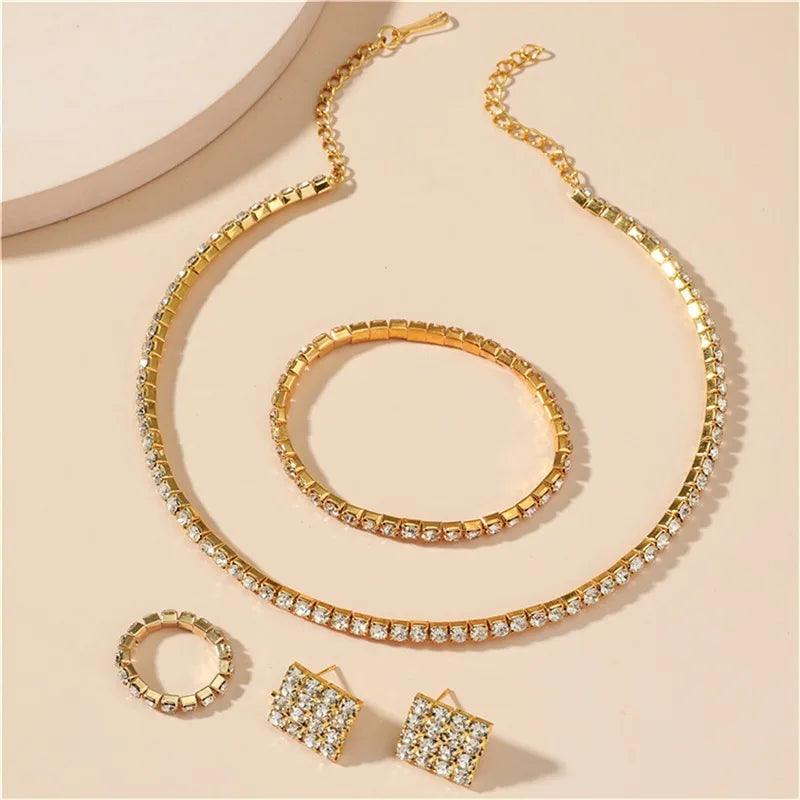 Bridal Jewelry Set For Women Wedding 1-5 Row Rhinestone Choker Necklace Crystal Bracelet Ring Square Stud Earrigns Silver Color.