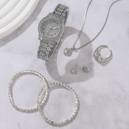 6PCS Women Watch Luxury Elegant Alloy Watch Crystal Wristwatch For Ladies Gift Quartz Watch Alloy Rhinestone Bracelet Montre.