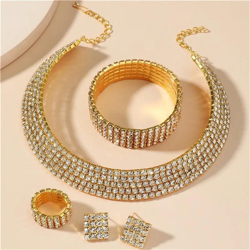 Bridal Jewelry Set For Women Wedding 1-5 Row Rhinestone Choker Necklace Crystal Bracelet Ring Square Stud Earrigns Silver Color.