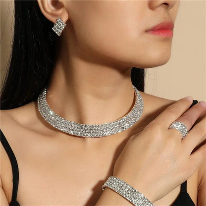 Bridal Jewelry Set For Women Wedding 1-5 Row Rhinestone Choker Necklace Crystal Bracelet Ring Square Stud Earrigns Silver Color.