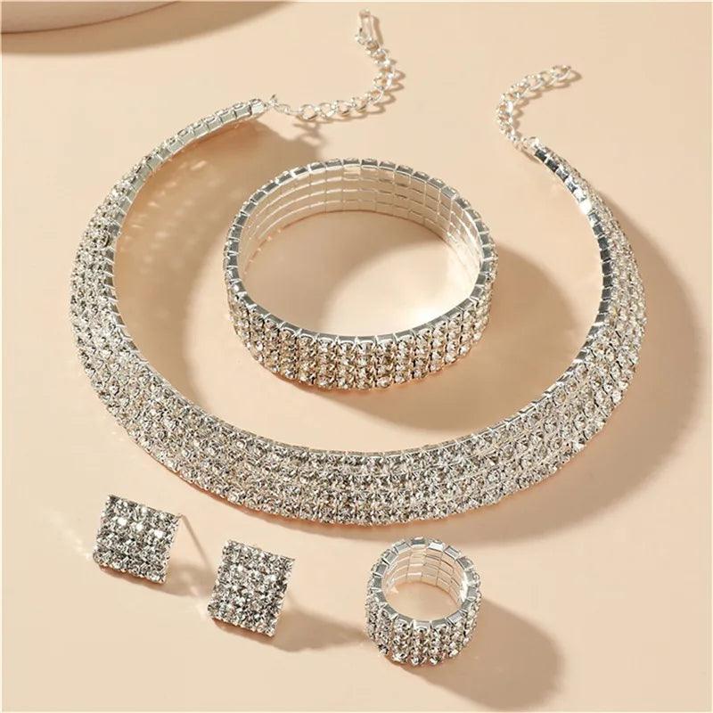 Bridal Jewelry Set For Women Wedding 1-5 Row Rhinestone Choker Necklace Crystal Bracelet Ring Square Stud Earrigns Silver Color.