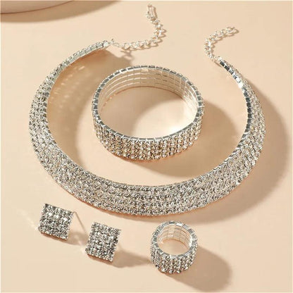 Bridal Jewelry Set For Women Wedding 1-5 Row Rhinestone Choker Necklace Crystal Bracelet Ring Square Stud Earrigns Silver Color.