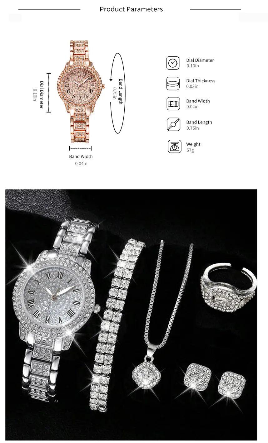 6PCS Women Watch Luxury Elegant Alloy Watch Crystal Wristwatch For Ladies Gift Quartz Watch Alloy Rhinestone Bracelet Montre.