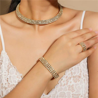 Bridal Jewelry Set For Women Wedding 1-5 Row Rhinestone Choker Necklace Crystal Bracelet Ring Square Stud Earrigns Silver Color.