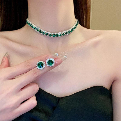 Luxury Green Rhinestone Necklace Stud Earrings For Women Crystal Choker Necklaces Ladies Fashion Weddings Banquet Jewelry Set.