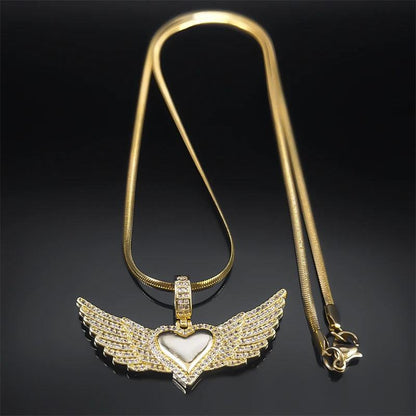 Love Heart Angle Wing Zircon Necklace for Women Men Stainless Steel Snake Chain Copper Necklaces Jewelry.