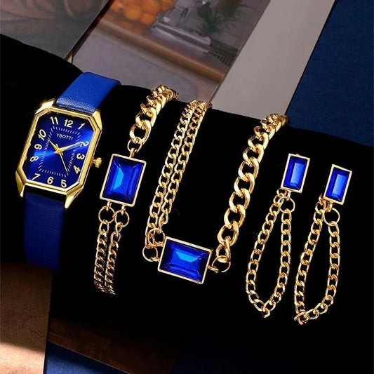 Women's Fashion Square Watch Brand Ladies Quartz Wristwatch Women Watches Blue Classic Simple Femme Jewelry Set Montre Femme.